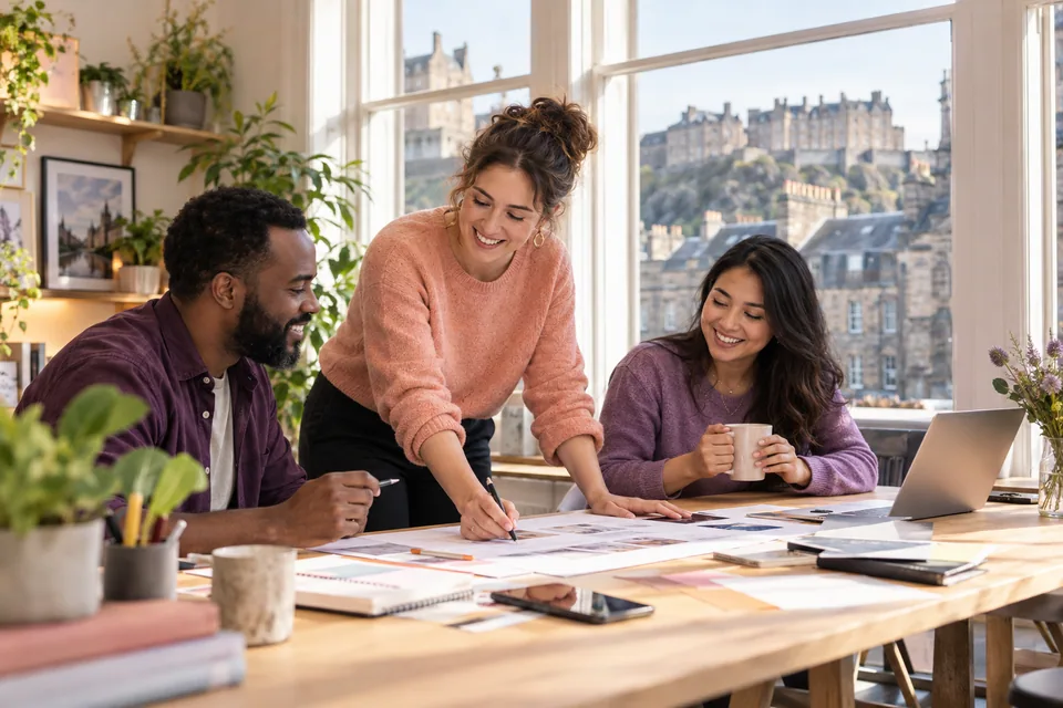 Illustrative scene of managers from different shift businesses sharing ideas around a table