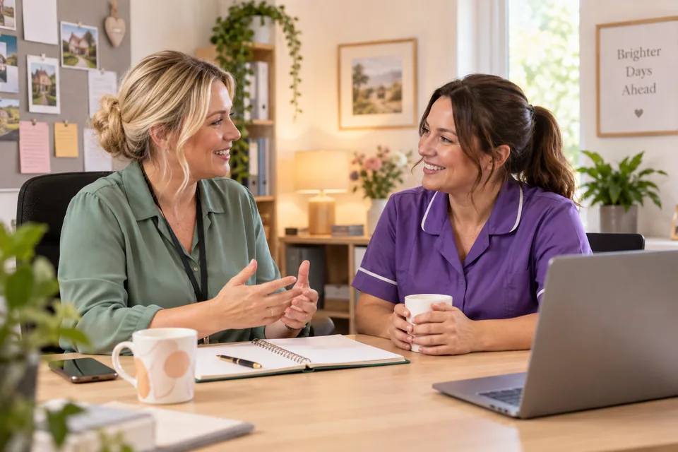 Care home manager and carer planning time off together