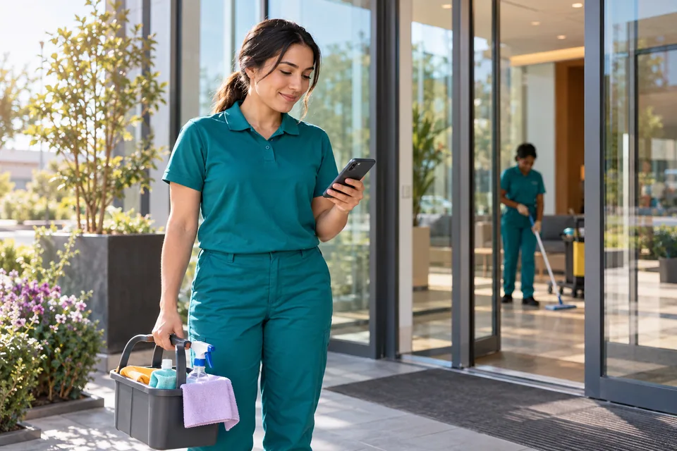 Cleaning colleague checking a phone at a client site