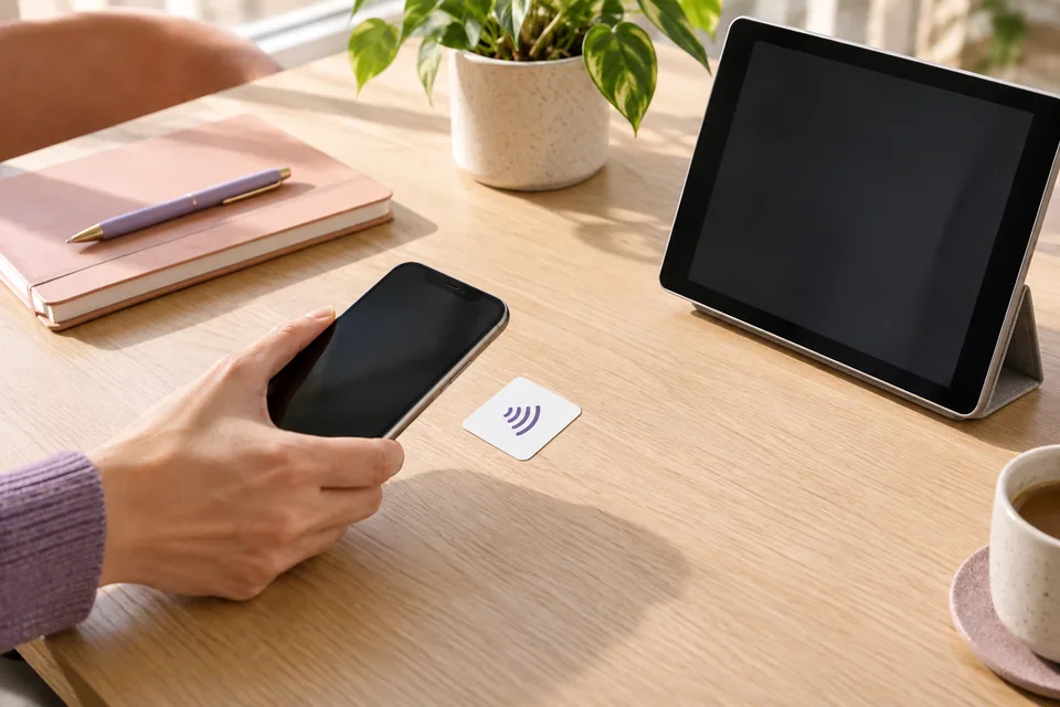 Phone, square NFC sticker, tablet and notebook attendance methods