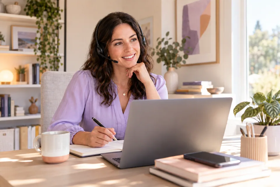 Illustrative scene of a helpful adviser speaking with a business owner over a laptop