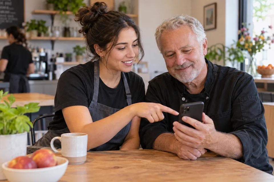 Colleagues learning to use a staff app together at work
