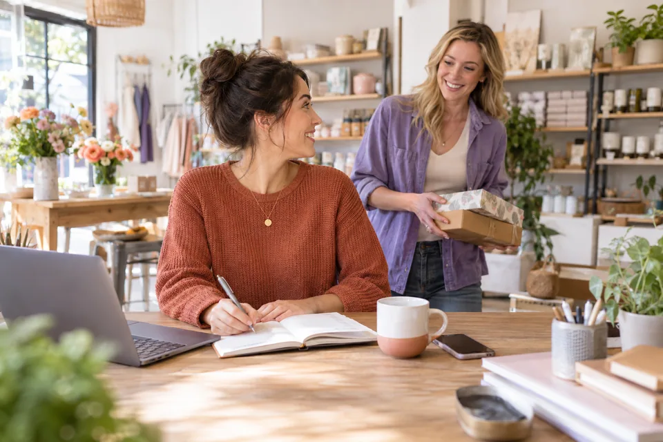 A small business manager planning the working week with a colleague in a bright café