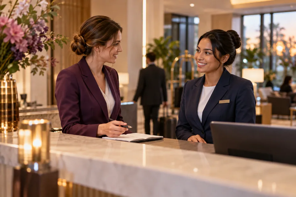 Hotel reception colleagues sharing a shift handover