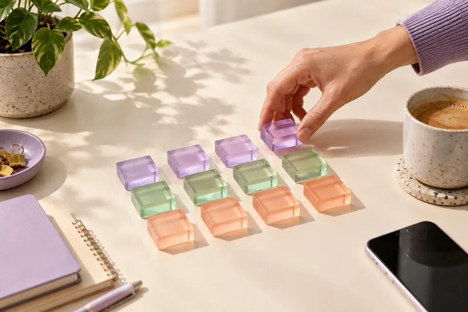 A hand arranging coloured blocks in a scheduling concept