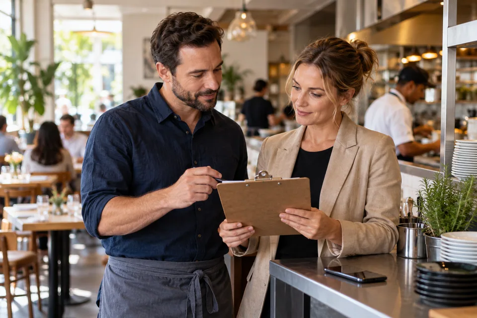 Two workplace managers sharing a clear shift handover