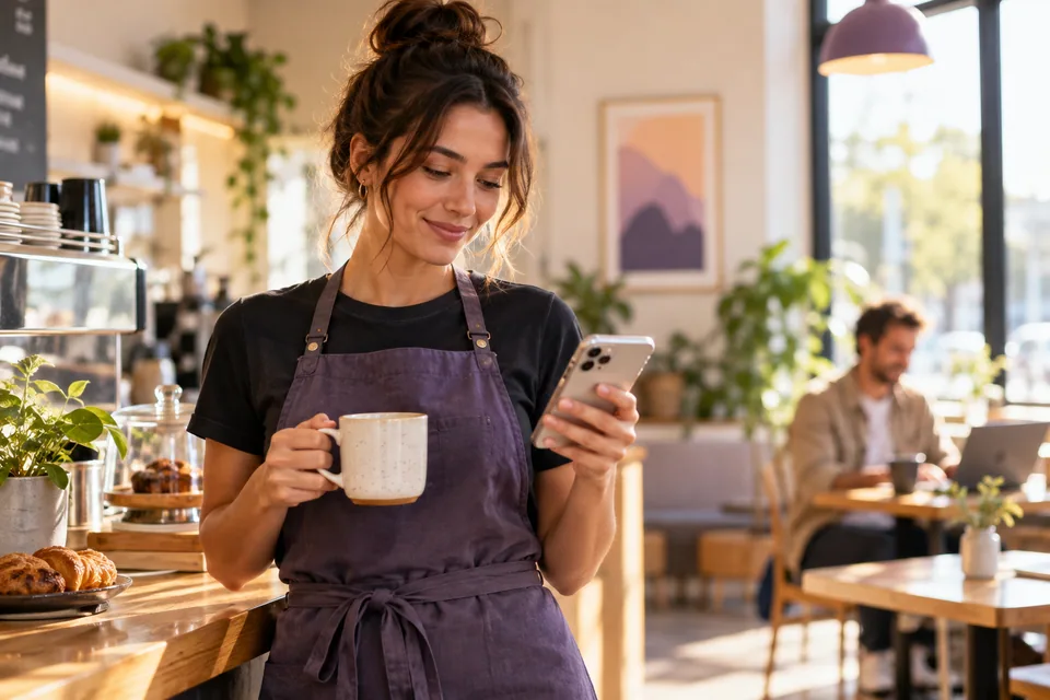 Barista checking an available shift on a phone