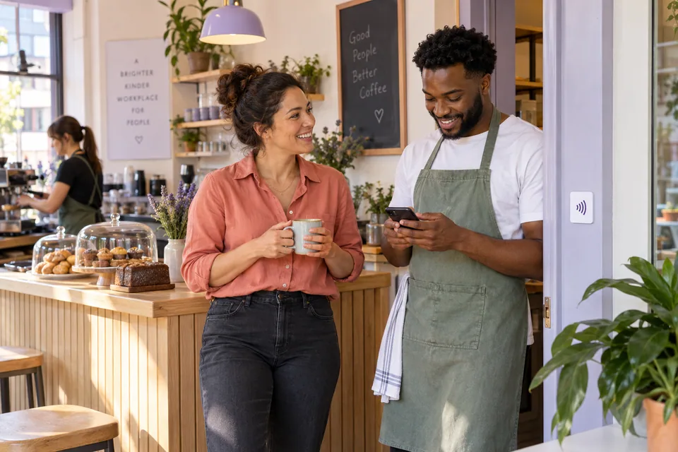 A business owner and colleague looking at the staff app in a bright workplace