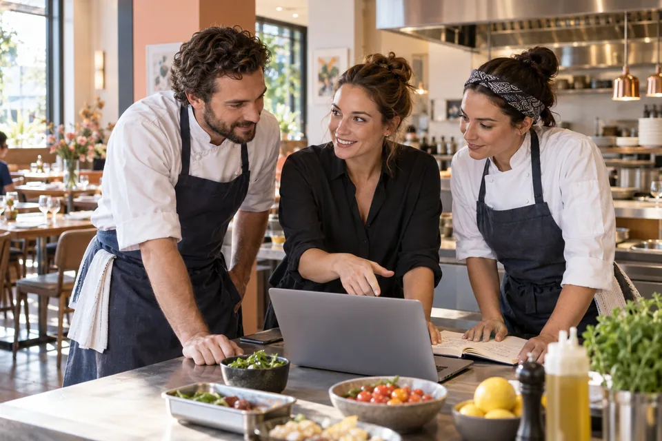 Restaurant manager and chefs reviewing the working day