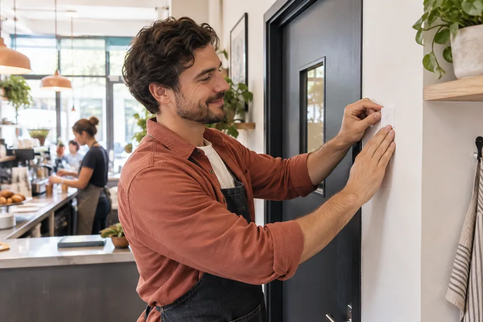 Manager positioning a square NFC sticker at a staff entrance