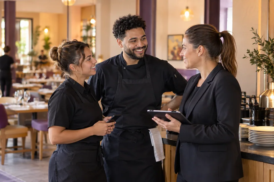 Restaurant colleagues discussing a shift swap with a manager