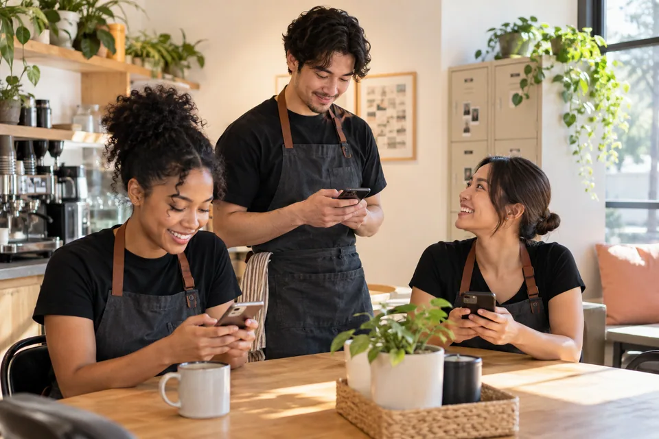 Staff checking a workplace announcement on their phones