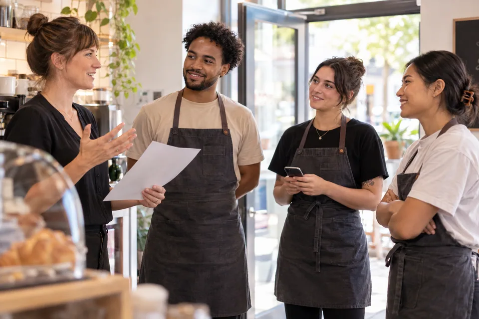 Staff discussing attendance routines at a workplace briefing