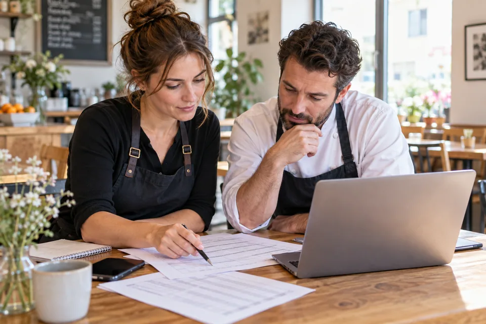 Manager and colleague reviewing working hours before payroll