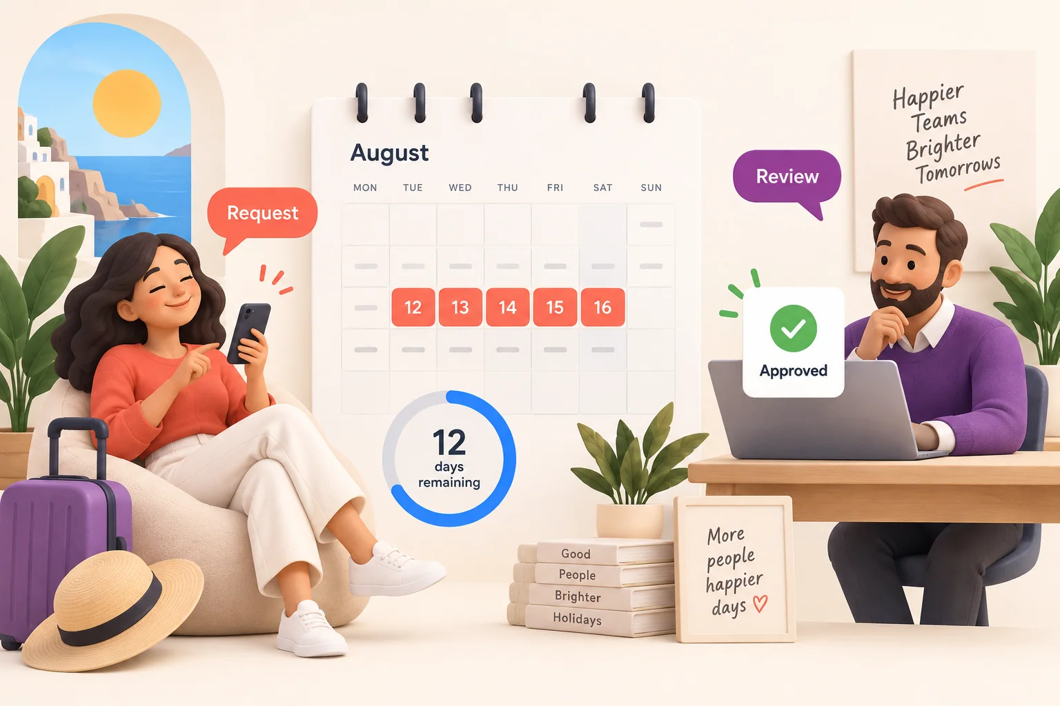 Illustration of a staff holiday request, manager approval and remaining leave balance