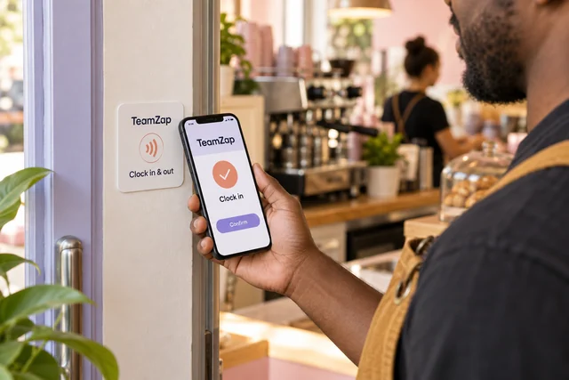 Barista holding a phone beside a square NFC clocking sticker near the cafe entrance