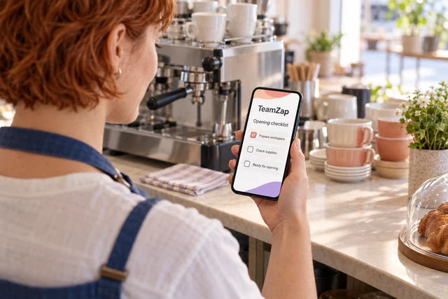 Barista reading an opening checklist on a phone beside the coffee equipment