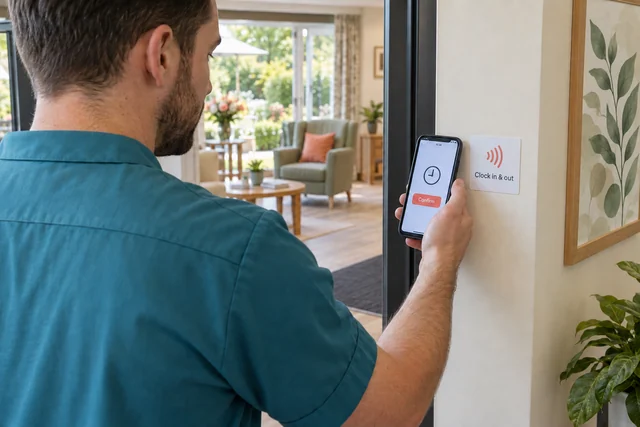 Care worker holding a phone naturally beside a flat square NFC clock in sticker at the staff entrance