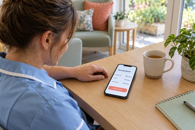 Carer viewing an illustrative annual leave entitlement, used hours, remaining balance and request button on a phone