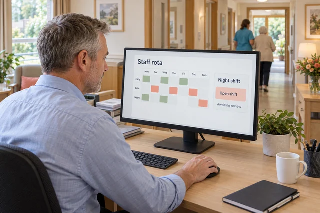 Care home manager reviewing a staff rota and a night shift awaiting cover approval