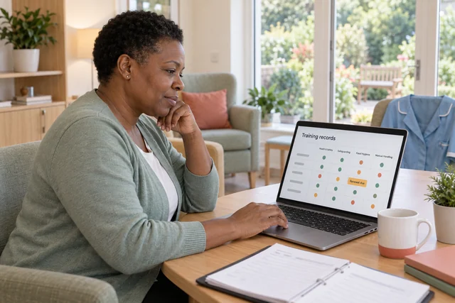 Care coordinator reviewing a training matrix with a qualification renewal needing attention