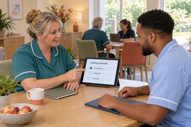Supervisor and new carer reviewing an induction checklist with documents completed and other tasks outstanding