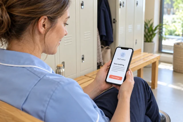 Carer reading a staff notice about a team briefing with an acknowledgement button in the mobile app