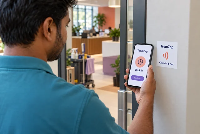 Cleaning employee holding a phone beside a flat square NFC sticker at an office entrance