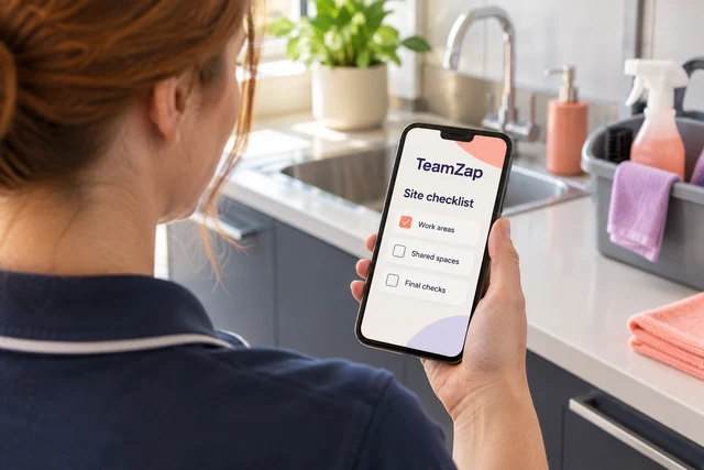 Cleaner reading an illustrative site checklist on a phone