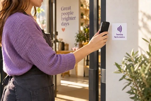Employee holding a phone beside a flat square NFC clocking sticker