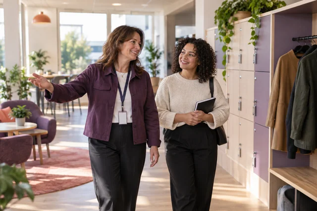 Supervisor guiding a new employee through the workplace