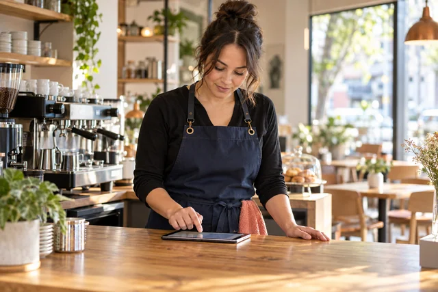 Supervisor reviewing an opening routine on a tablet at a cafe counter