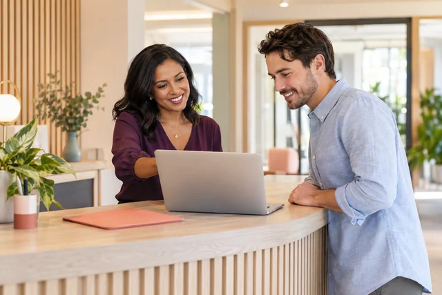 Manager welcoming a new employee and reviewing staff information