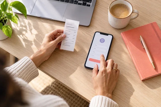 Employee entering an expense with a receipt beside the phone