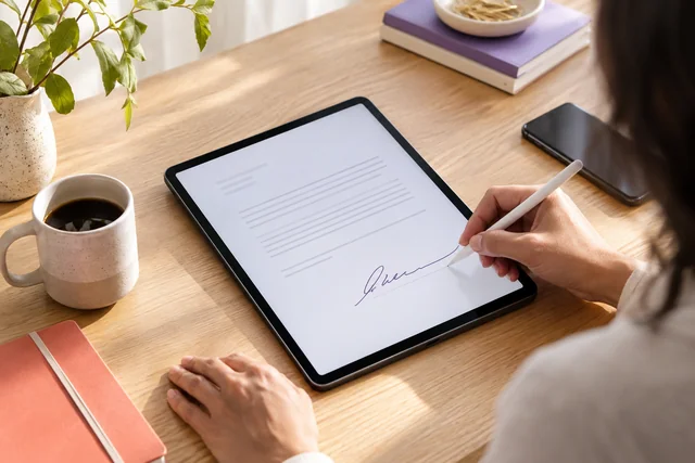 Natural hand using a stylus to sign an illustrative digital document