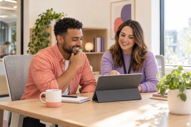 New employee reviewing digital paperwork with an HR colleague