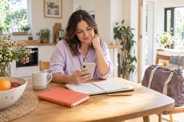 Employee checking a phone while planning time off at home