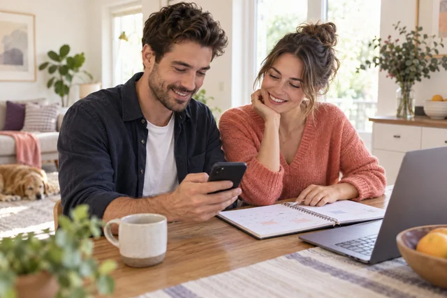 Employee planning time off at home using a phone and calendar