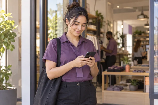 Employee checking a phone before a shift at a shop
