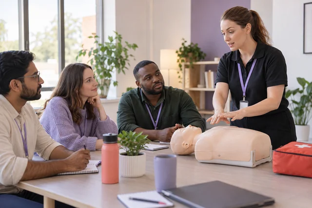 Adult employees attending a practical first aid training session