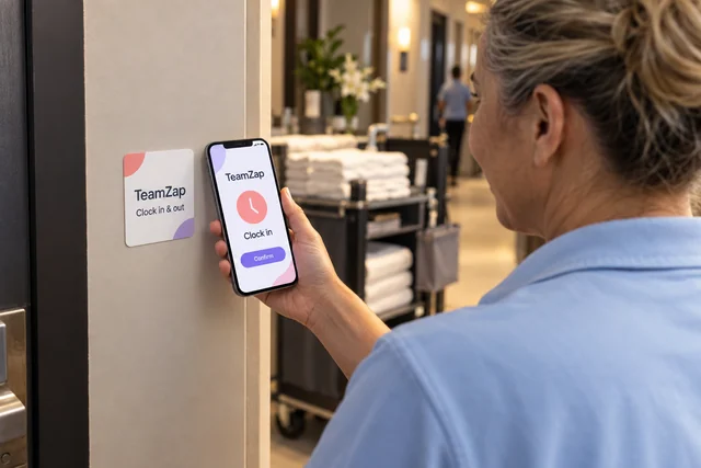 Housekeeping employee holding a phone beside a square clocking sticker at the hotel staff entrance