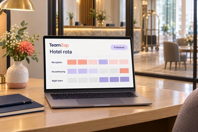 Laptop showing an illustrative published hotel rota for reception, housekeeping and night roles