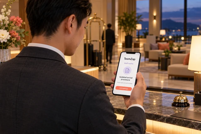 Hotel receptionist reading a staff procedure notice with an acknowledgement button at dusk