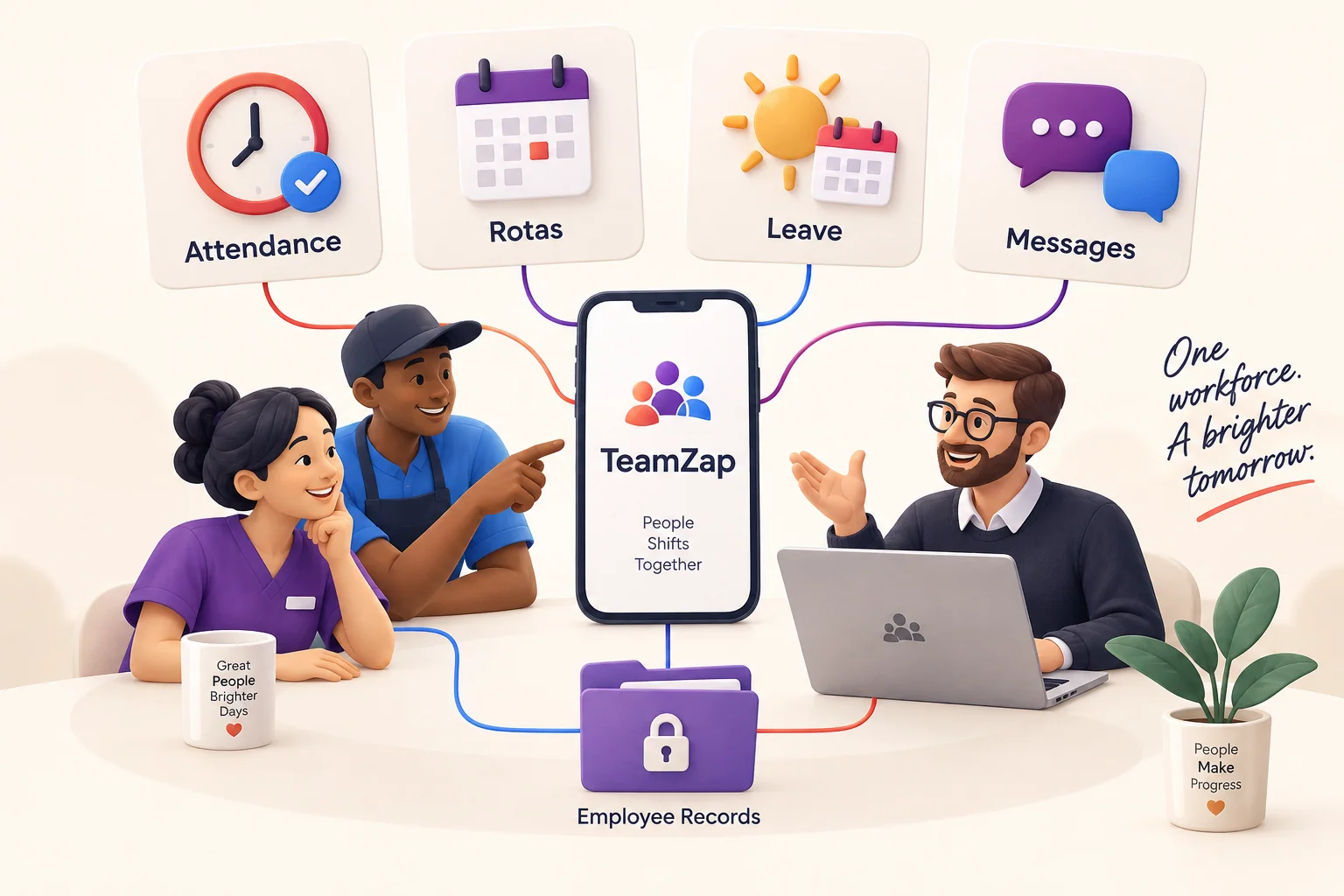 TeamZap connects attendance, rotas, leave, messages and employee records in one HR platform