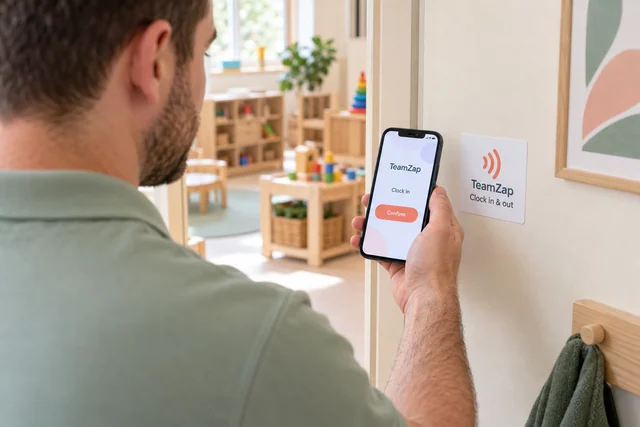 Nursery practitioner holding a phone beside a flat square TeamZap NFC sticker at the staff entrance