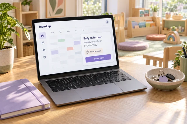 Laptop in a nursery showing an early practitioner shift with a claim awaiting manager review