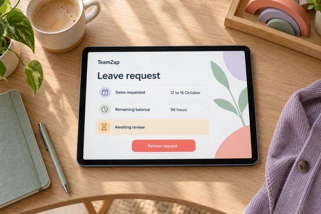 Tablet showing an illustrative leave request for 12 to 16 October and a remaining balance of 96 hours