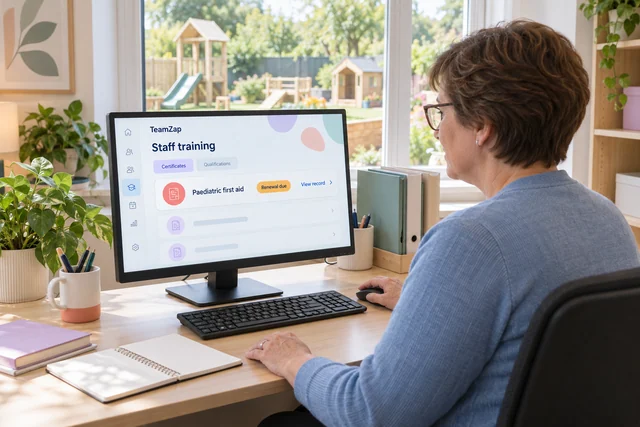 Nursery administrator reviewing a paediatric first aid renewal in illustrative training records