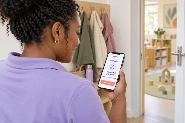 Nursery practitioner reading a staff procedure notice with an acknowledgement button on a phone
