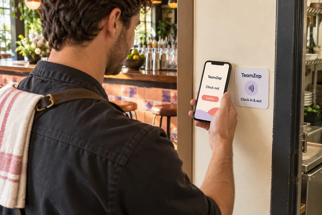Bartender holding a phone showing Clock out beside a square NFC sticker